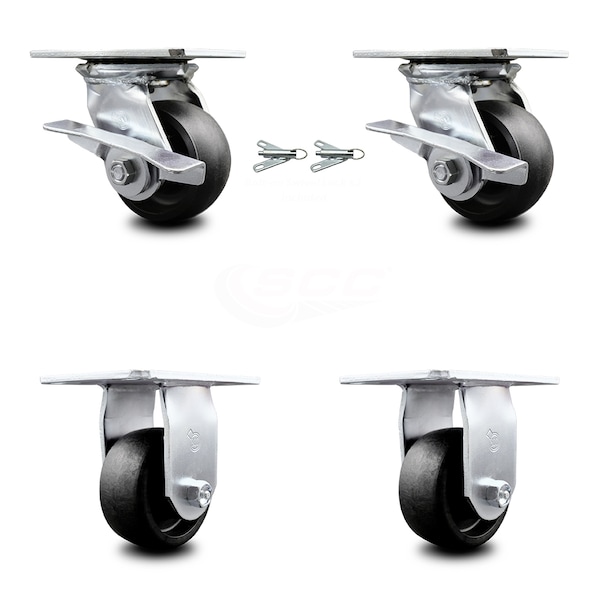 4 Inch Glass Filled Nylon Caster Brakes/Swivel Locks and 2 Rigid SCC, 2PK